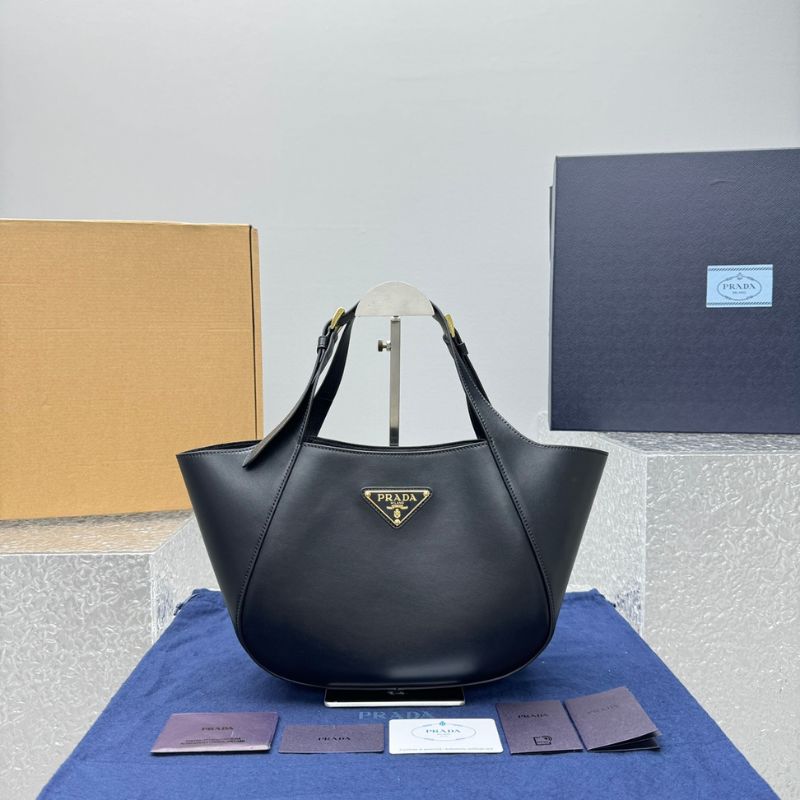 Prada Enamel Triangle Logo Leather Tote Bag