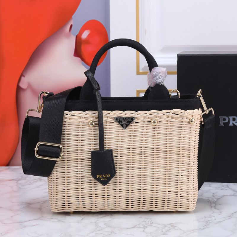 Prada Midollino Canapa Trimmed Wicker Tote Bag
