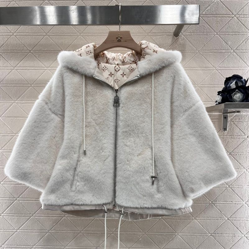 LV Hooded Fur Cotton Cape Jacket