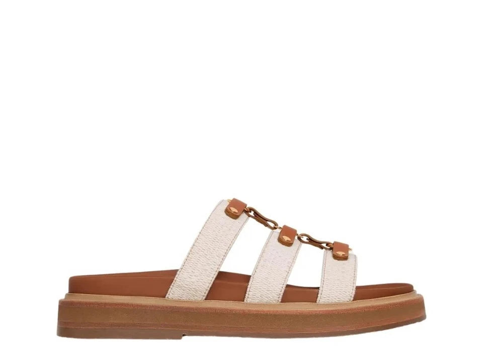 CELINE Triomphe Logo Tippi Canvas Leather Wedge Mule Slides Sandals