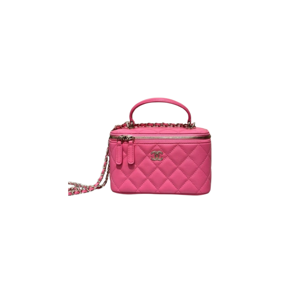 Lambskin Enamel Handle Clutch With Chain Fuchsia