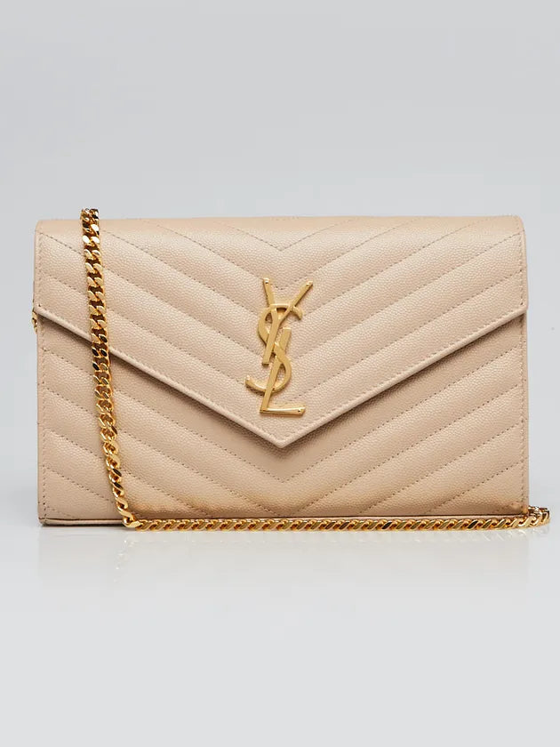 Ysl Beige Chevron Quilted Grained Leather Metalasse Wallet