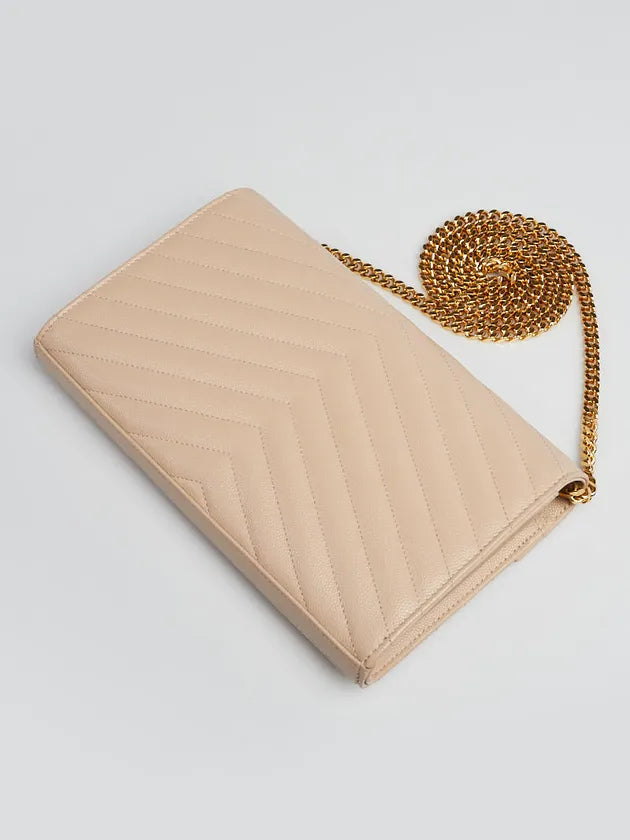 Ysl Beige Chevron Quilted Grained Leather Metalasse Wallet