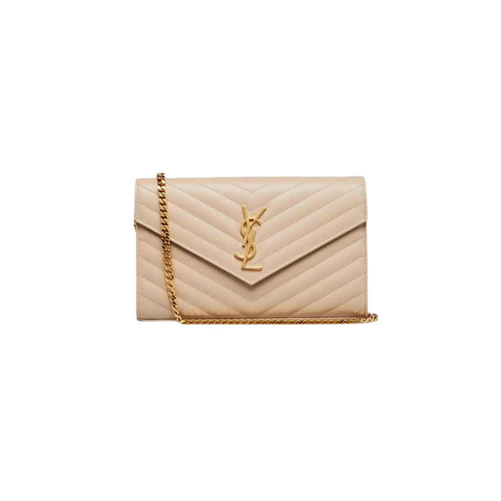 Ysl Beige Chevron Quilted Grained Leather Metalasse Wallet