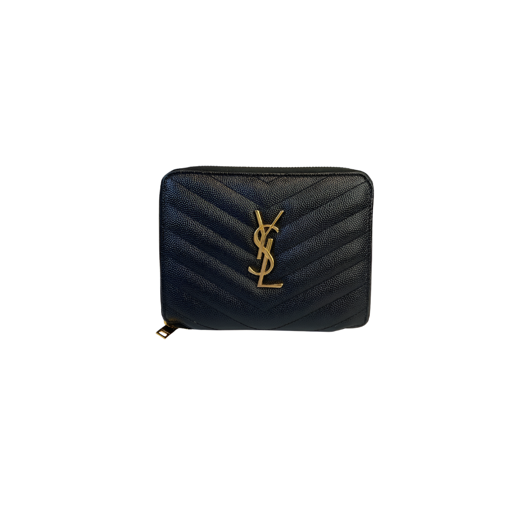 Ysl Black Grain De Poudre Chevron Zip Around Wallet