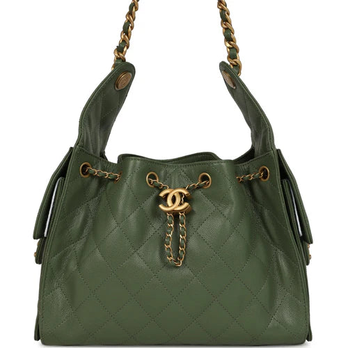 CHANEL Khaki Green caviar small Hobo Tote