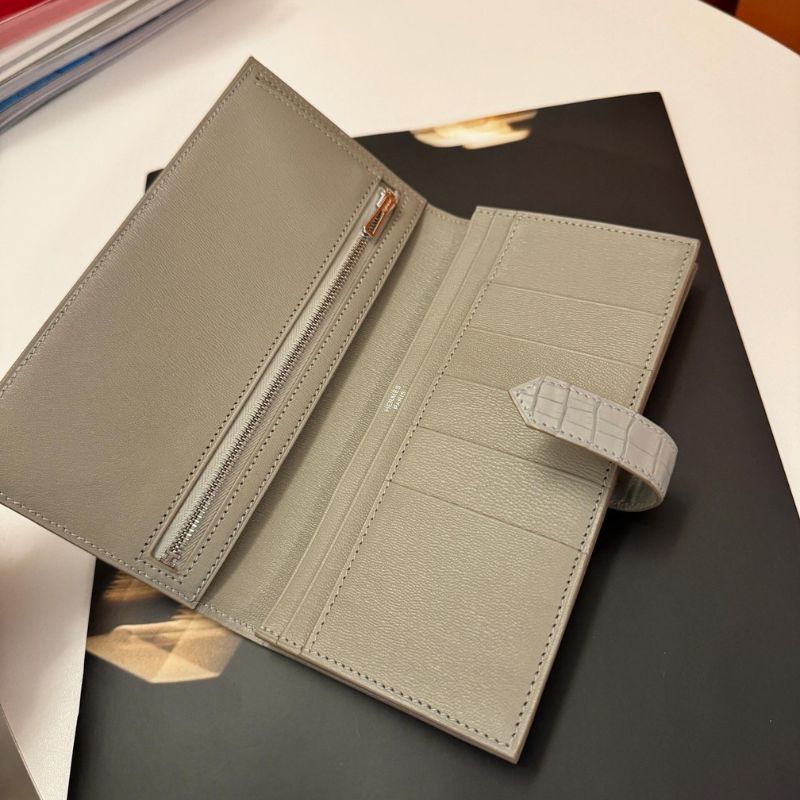Hermes Bearn Soufflet Grey Alligator Crocodile Skin Wallet