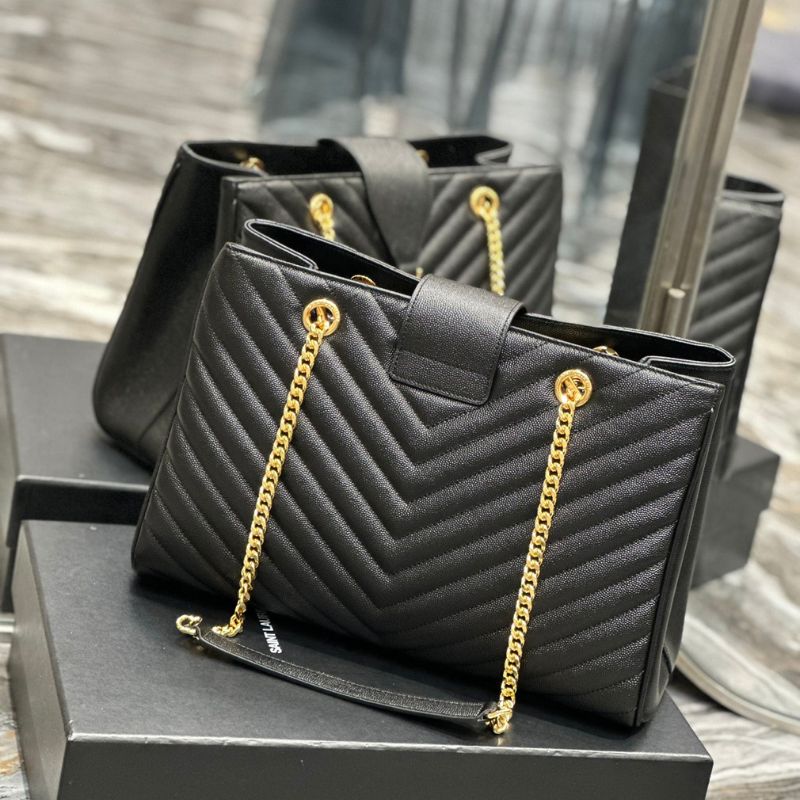 YSL Black Matelasse Leather Cassandre Shopper Tote Bag