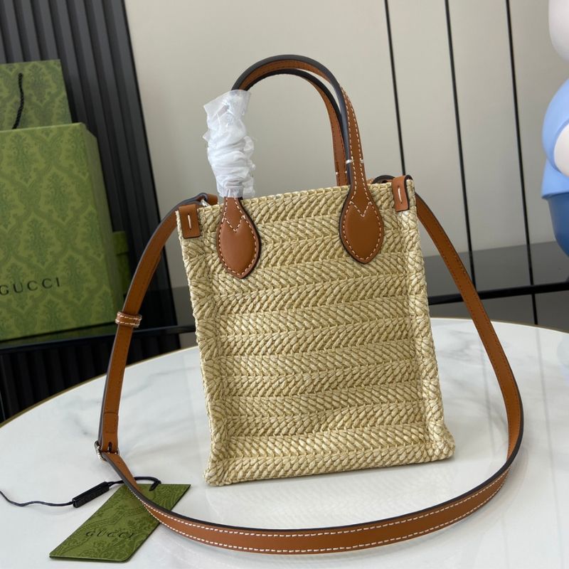Gucci Logo-Plaque Raffia Tote Bag