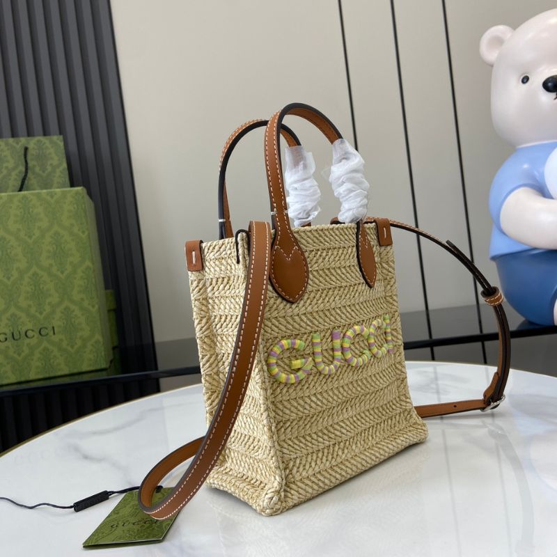 Gucci Logo-Plaque Raffia Tote Bag