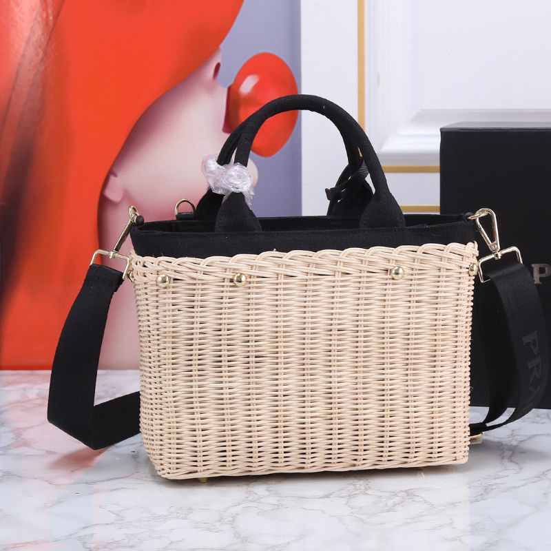 Prada Midollino Canapa Trimmed Wicker Tote Bag