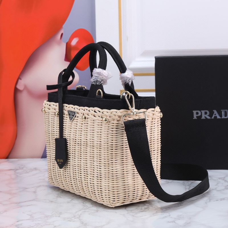 Prada Midollino Canapa Trimmed Wicker Tote Bag