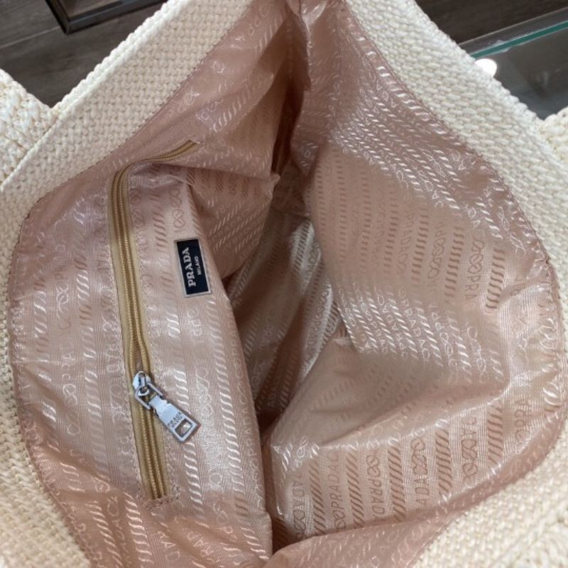 Prada Logo Embroidered Raffia Tote Bag