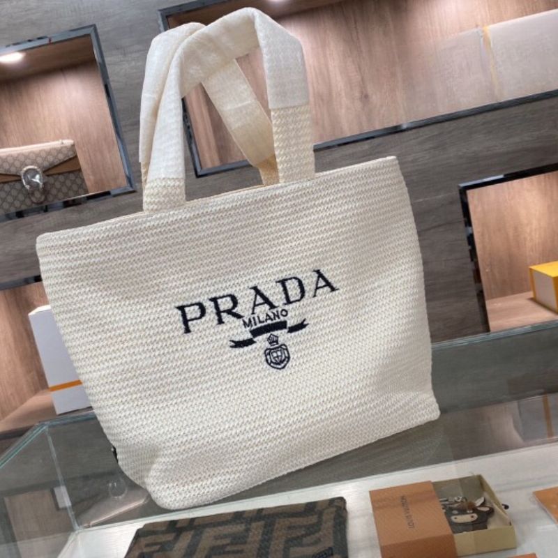 Prada Logo Embroidered Raffia Tote Bag