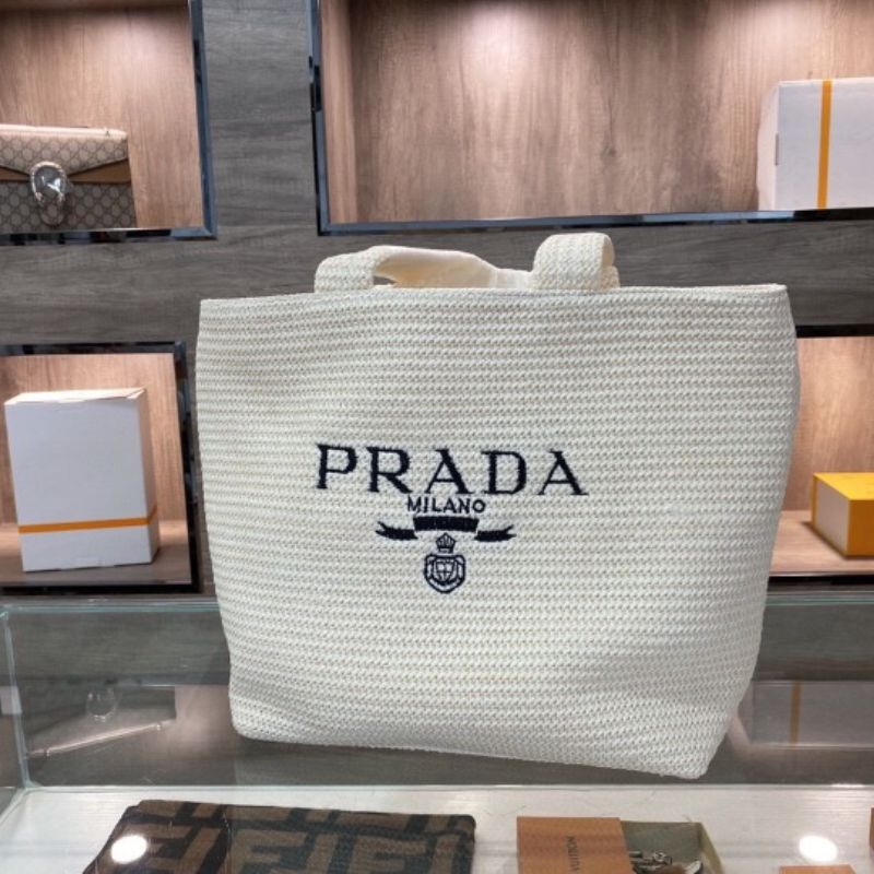 Prada Logo Embroidered Raffia Tote Bag