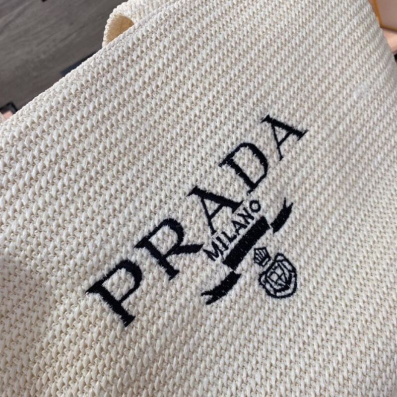 Prada Logo Embroidered Raffia Tote Bag