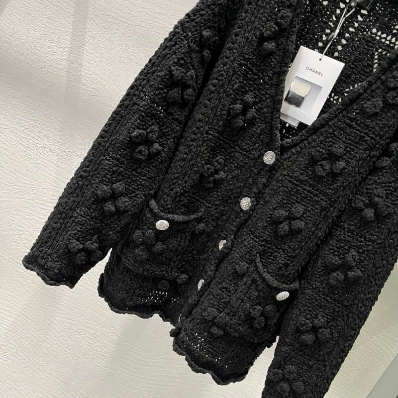 Chanel Inspired Hollow Crochet Flower Knitted Cardigan