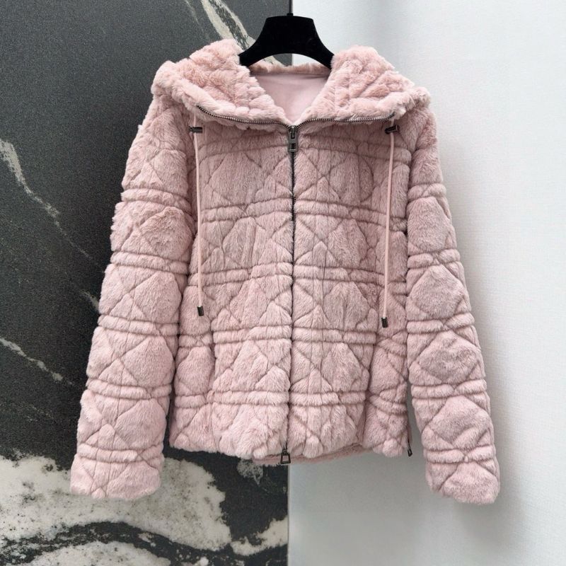 Dior Princess Diana Rattan Check Faux Fur Hooded Jacket