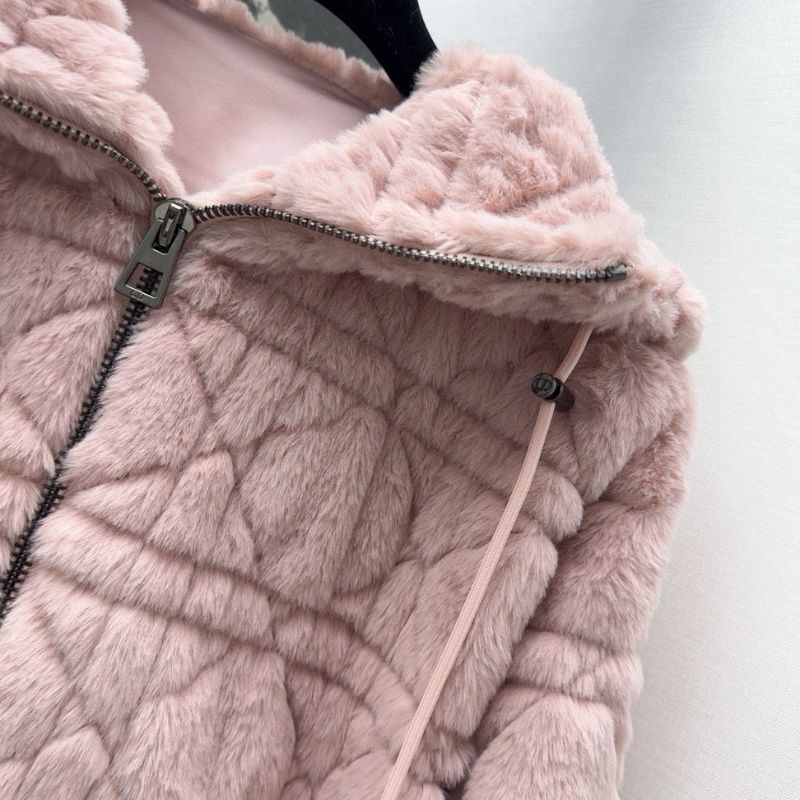 Dior Princess Diana Rattan Check Faux Fur Hooded Jacket