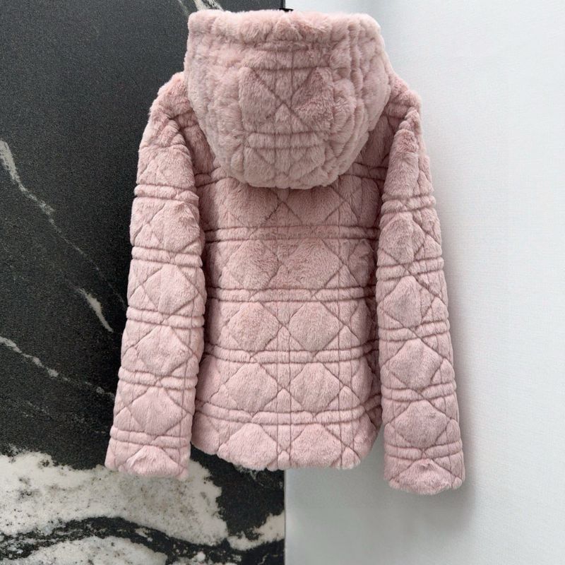 Dior Princess Diana Rattan Check Faux Fur Hooded Jacket