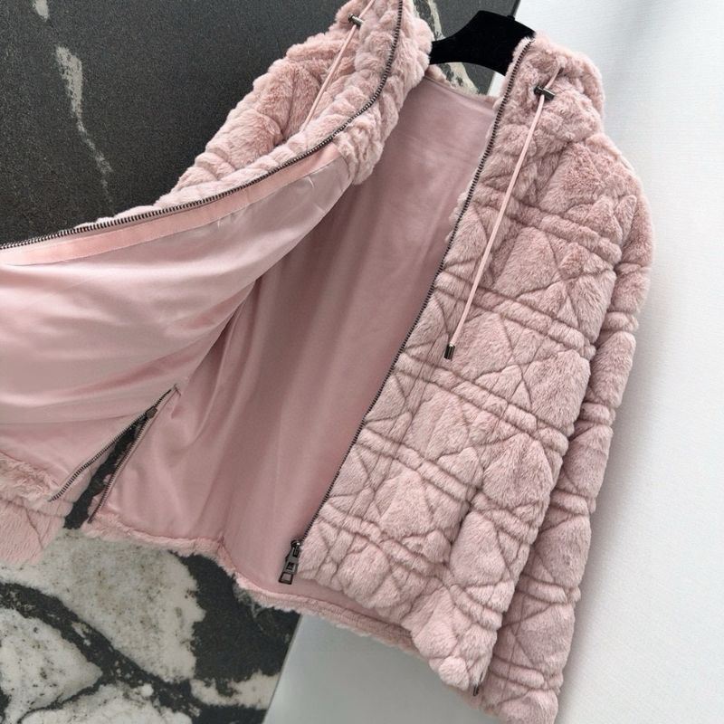 Dior Princess Diana Rattan Check Faux Fur Hooded Jacket