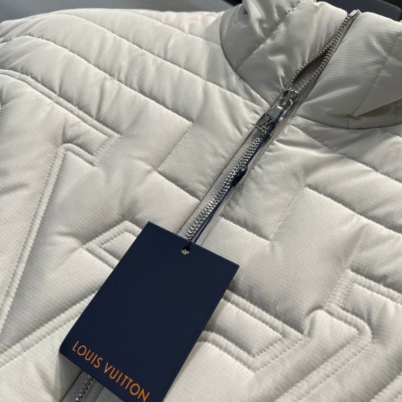 Louis Vuitton Gray White Zipper Stand Collar Quilted Jacket