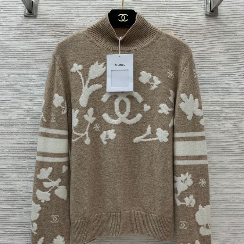 Chanel Jacquard High Collar With Double C Logo Knit Sweater