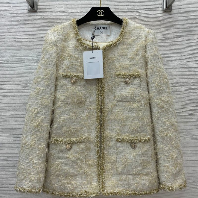 Chanel Gold Silk Woven Tweed Down Jacket