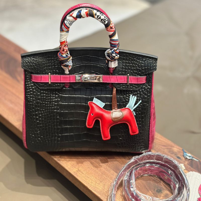 Hermes Birkin 30 Black & Rose Red Croc Bag