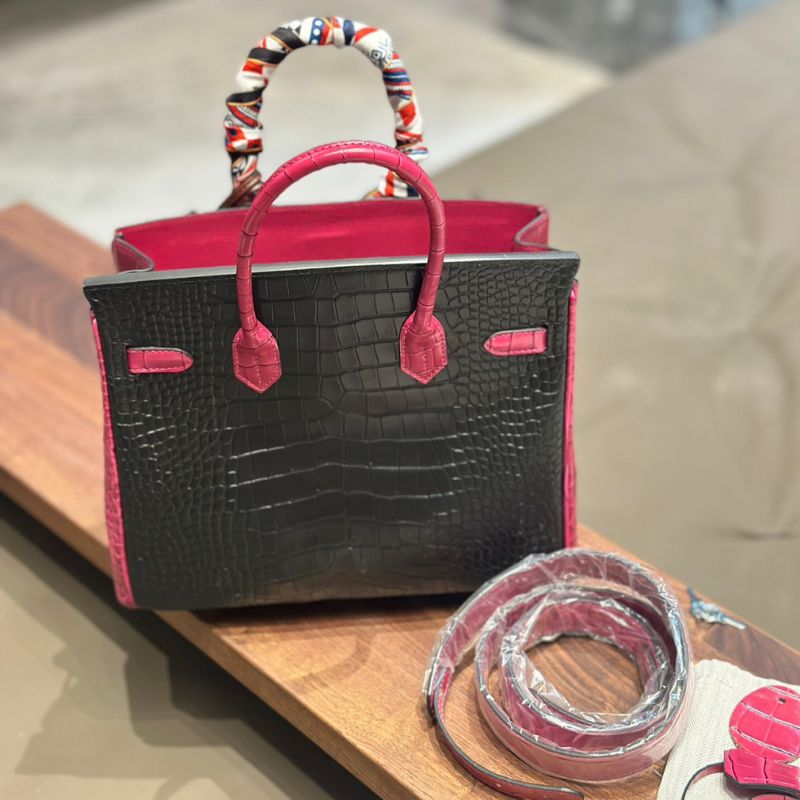 Hermes Birkin 30 Black & Rose Red Croc Bag