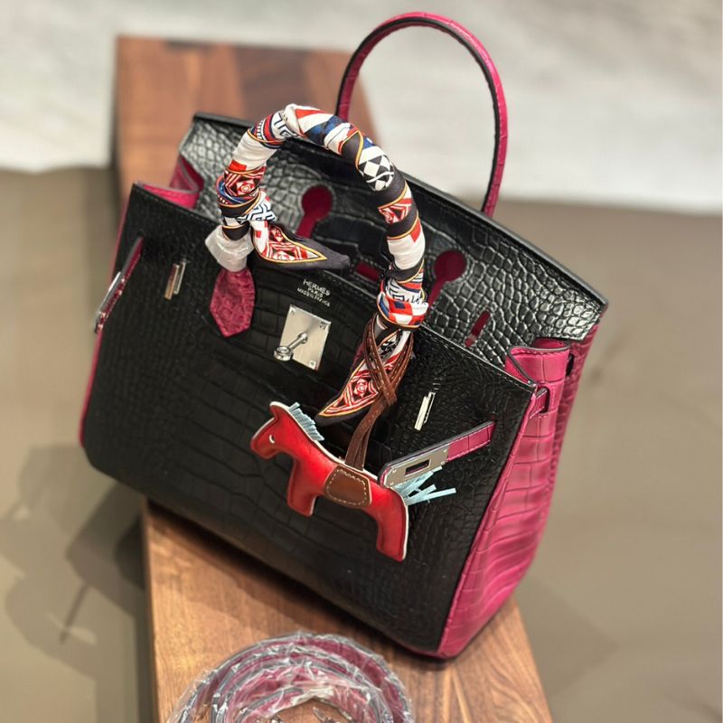 Hermes Birkin 30 Black & Rose Red Croc Bag