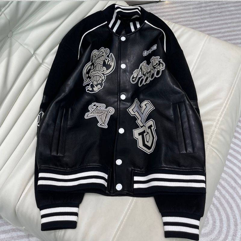 Men’s LV Black Leather Varsity Jacket