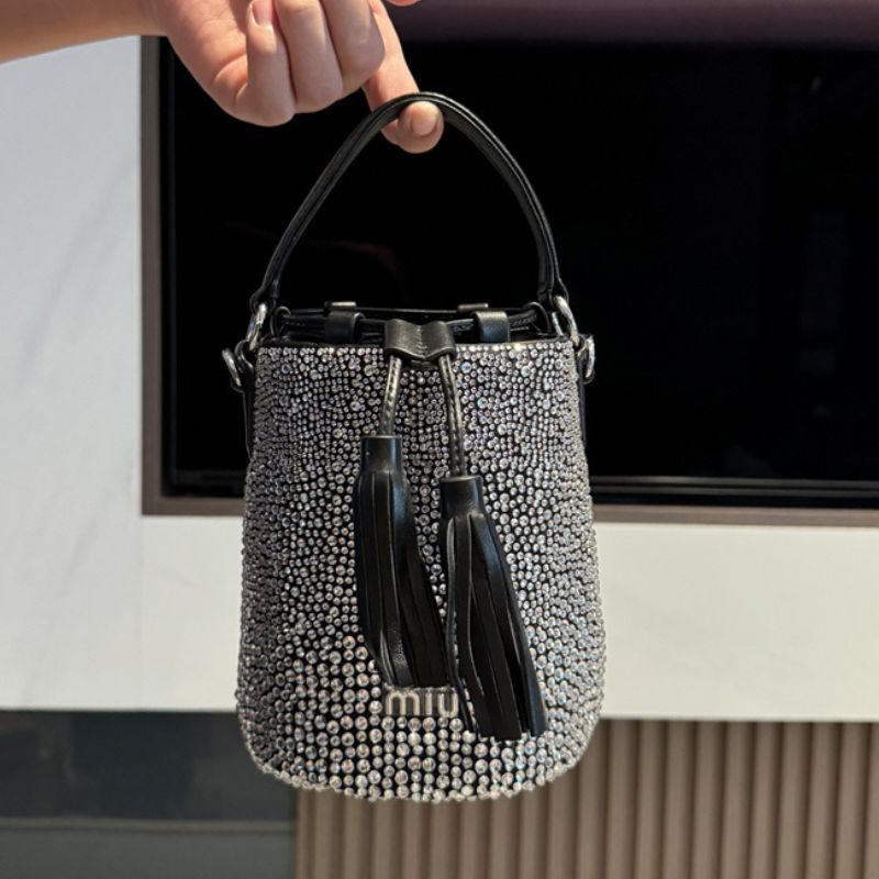 Miu Miu Crystal Embellished Satin Bucket Bag
