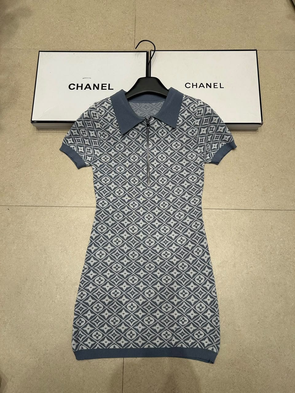 Chanel Geometric Polo Mini Dress – Blue/White