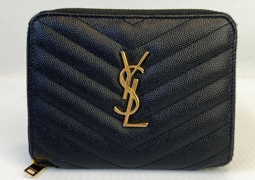 Ysl Black Grain De Poudre Chevron Zip Around Wallet