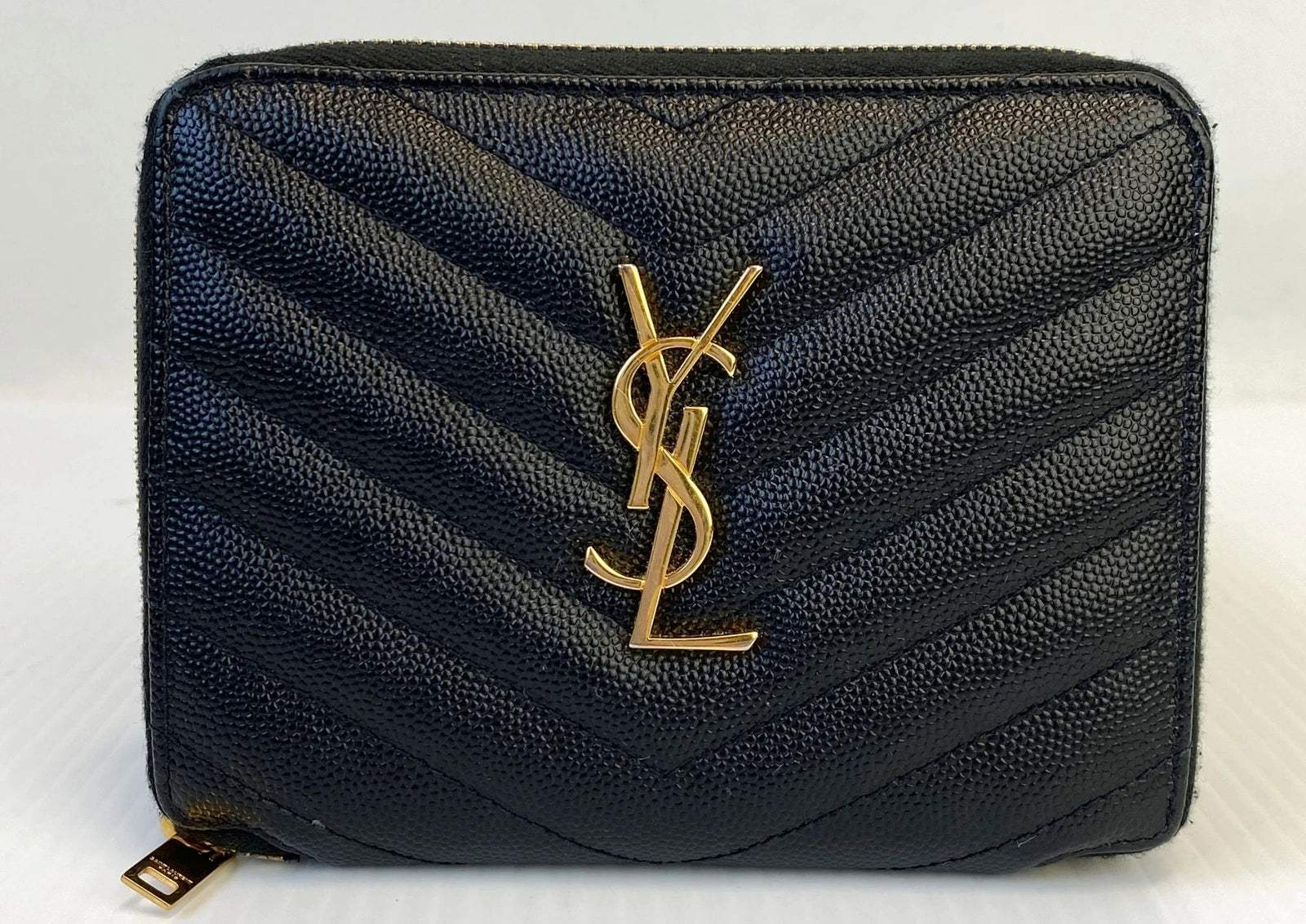 Ysl Black Grain De Poudre Chevron Zip Around Wallet