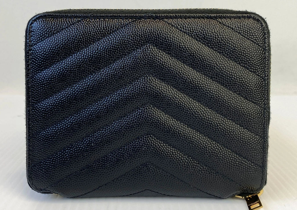 Ysl Black Grain De Poudre Chevron Zip Around Wallet