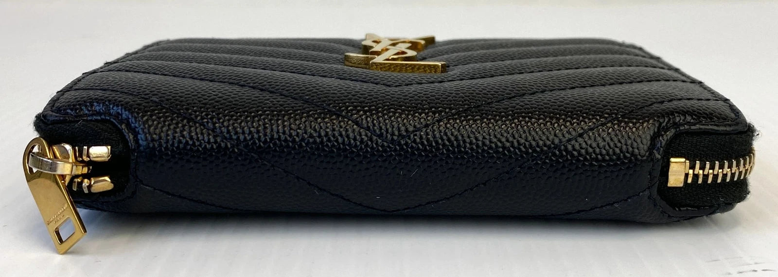 Ysl Black Grain De Poudre Chevron Zip Around Wallet