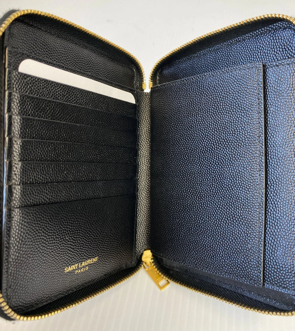 Ysl Black Grain De Poudre Chevron Zip Around Wallet