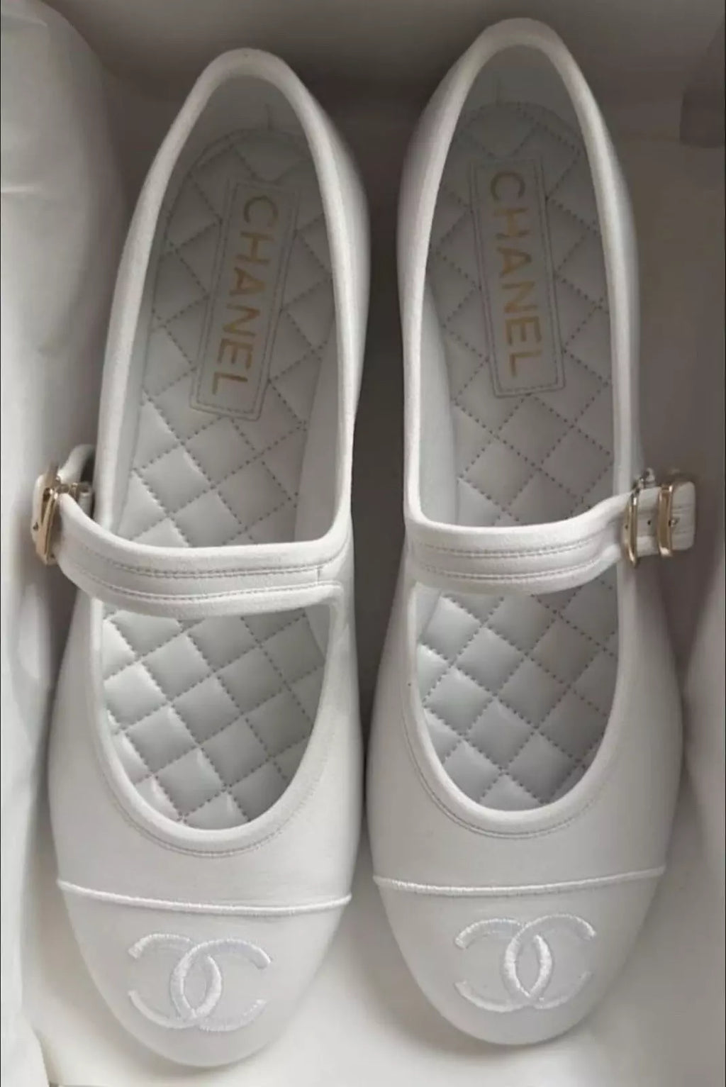 Chanel White Mary Janes Flats