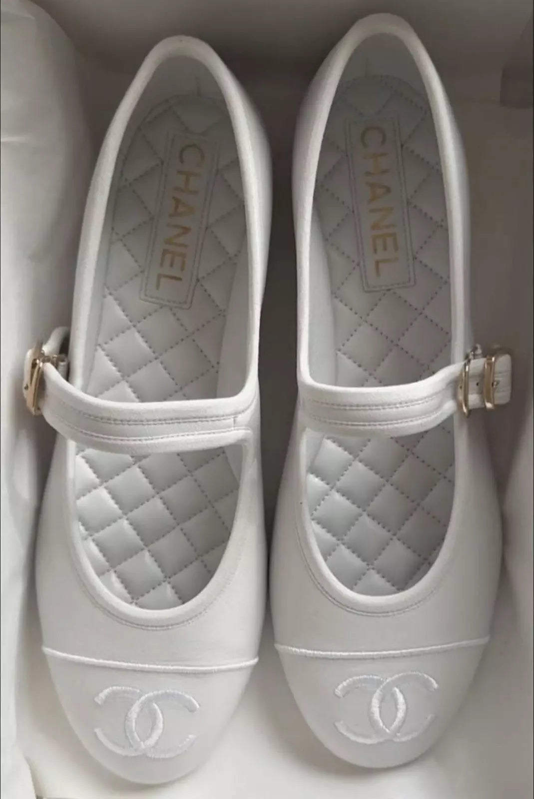 Chanel White Mary Janes Flats
