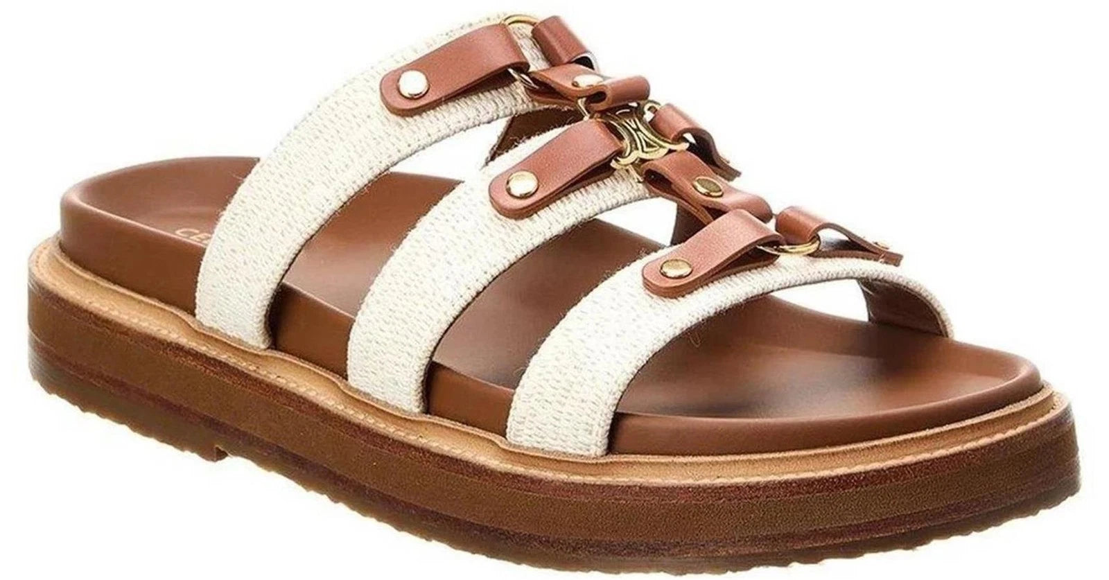 CELINE Triomphe Logo Tippi Canvas Leather Wedge Mule Slides Sandals