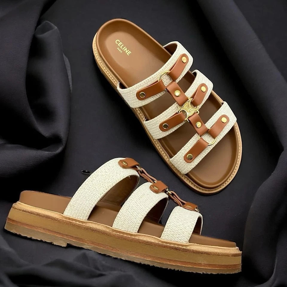 CELINE Triomphe Logo Tippi Canvas Leather Wedge Mule Slides Sandals