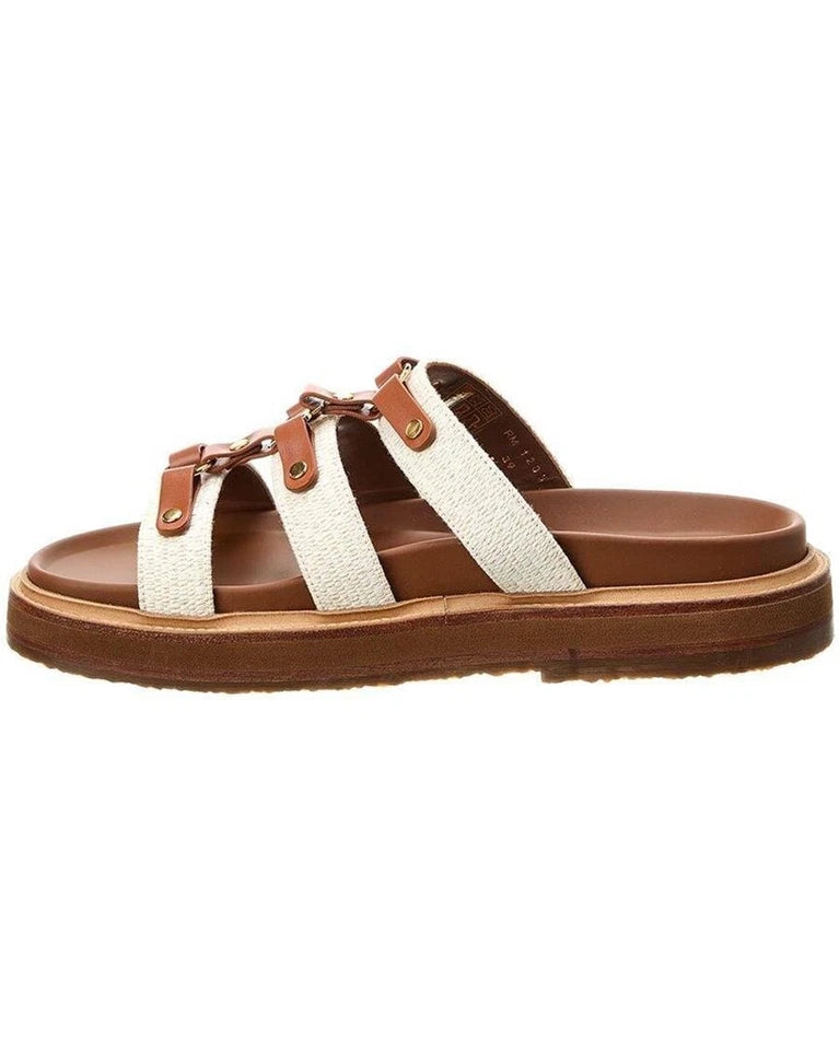 CELINE Triomphe Logo Tippi Canvas Leather Wedge Mule Slides Sandals