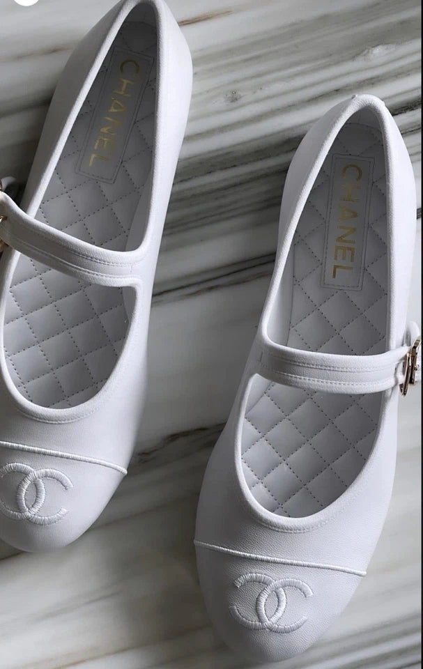 Chanel White Mary Janes Flats