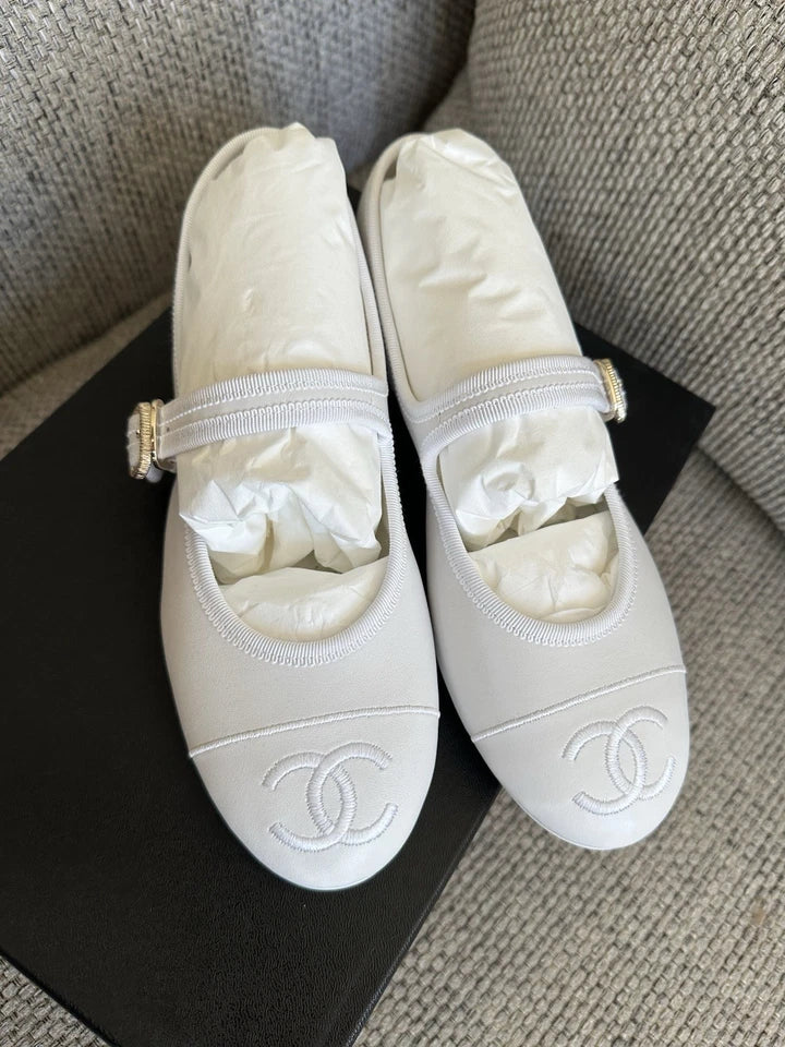 Chanel White Mary Janes Flats